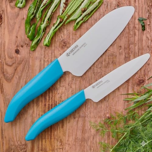 Kyocera Revolution 2-Piece Ceramic Knife Set 5.5" Santoku & 4.5" Utility White/Blue