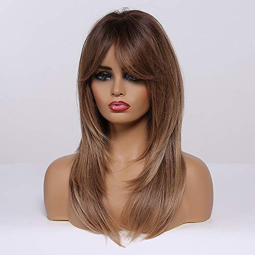 Ombre Brown Wigs with Bangs for Women Synthetic Heat-Resistant Wavy Hair Extension - Natural Look