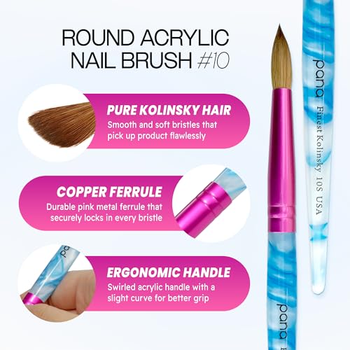 PANA Pure Kolinsky Nail Art Brush Size 10 - Round Pink Ferrule & White Swirl Blue Handle