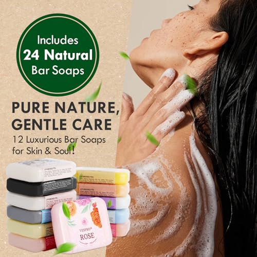24 Pack Natural Bar Soap Gift Set with Olive Extract & Sisal Bags - Moisturizing Body Wash