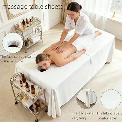 Premium Reusable Massage Table Skirt Sheets with Face Hole - 72x118 Inch White Fitted Bed Cover for Spa & Esthetician Beds