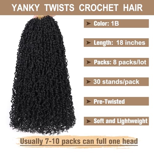 18 Inch Pre-Looped Yanky Twist Crochet Hair for Women - 1B# - 8 Packs