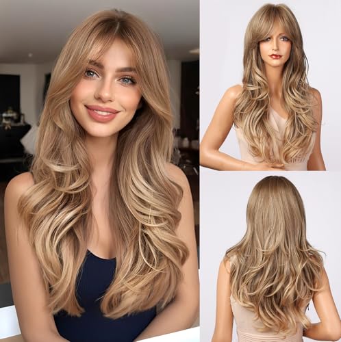 Esmee 24in Long Wavy Mixed Ash Blonde Wig with Bangs for Women - with Adjustable Cap