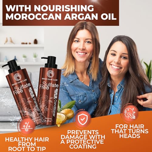 BINGO HAIR CARE Moroccan Argan Oil Shampoo & Conditioner Set - Sulfate Free, Anti Frizz, Deep Moisturizing for Curly & Damaged Hair - Argan Oil