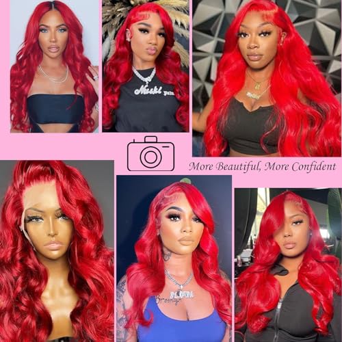 Red Lace Front Human Hair Wigs 20 Inch Body Wave - Dorashion