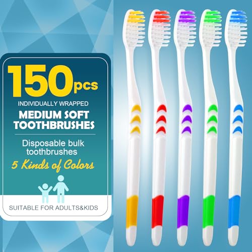 150 Pack Disposable Soft Bristle Toothbrushes - Individually Wrapped, Travel & Household Use