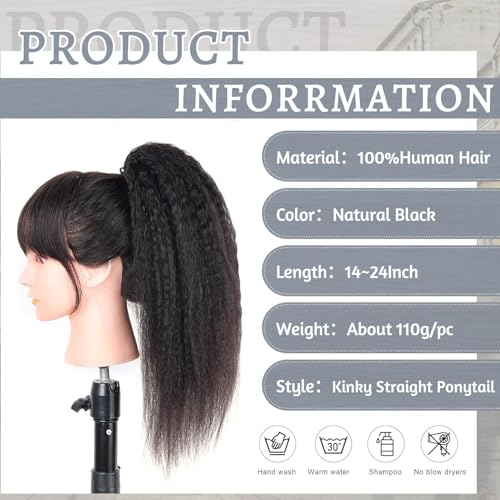 Human Hair Ponytail Extension 24 Inch Kinky Straight Drawstring Clip-In for Black Women