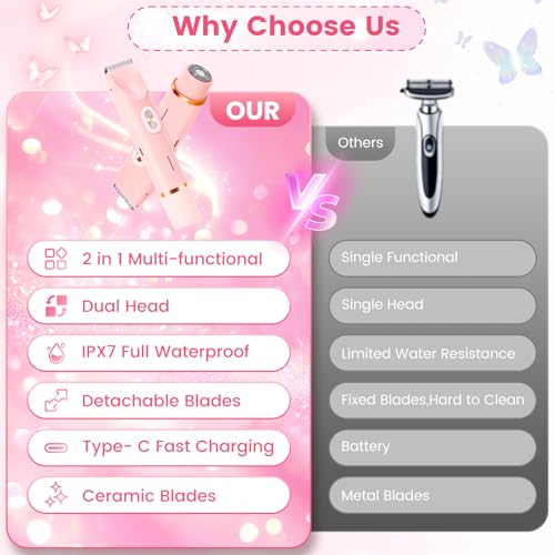 2 in 1 Electric Razors for Women, Dual Head Bikini Trimmer with Carrying Case, Ipx7 Waterproof Trimmer Shaver, Ladies Hair Removal for Face Armpit Pubic Hair Leg, Easy Cleaning and Ceramic Blade