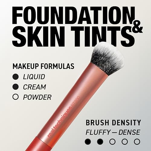 Real Techniques Expert Face Professional Foundation Makeup Brush for Even Streak Free Application, Dense Bristles For Buffing, Orange, 1 Count