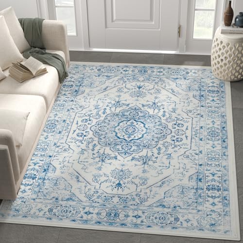 Distressed Blue 5x7 Vintage Floral Washable Area Rug - Blue/White
