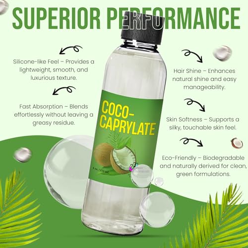 Coco Caprylate Oil for Cosmetics (8 Oz / 236 mL) Coco-Caprylate Plant-Based Emollient for Cosmetics, Serums, and Conditioners Natural Silicone Alternative for Skin and Hair Care Formulations