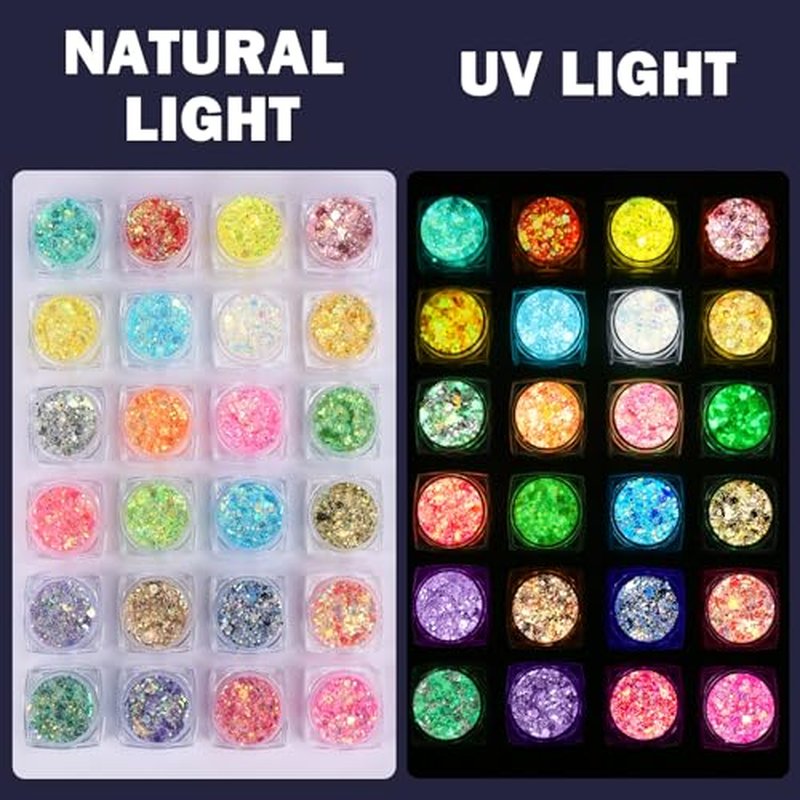 24 Colors Glitter UV Glow in The Dark Gel for Body Face Hair Eyeshadow,UV Black Light Makeup Glitter for Raves Festivals Carnival Party