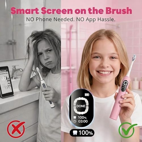 SAKYPRORAL Kids Electric Toothbrush Pink with Brushing Score & Timer - Ages 6-15, Soft Bristles, Rechargeable, Travel Case (1 Pack)