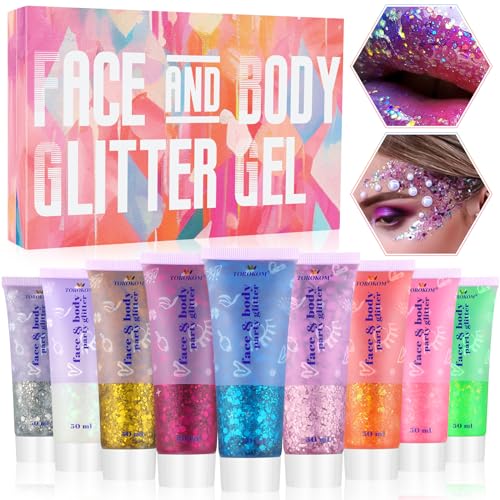 9Colors Face Body Glitter Gel, TOROKOM Sparkling Holographic Face Glitter Gel Mermaid Cosmetic Glitters Flakes Gel Long Lasting Chunky Glitter for Valentine's Day Party Rave Eye Lip Hair Nail Body