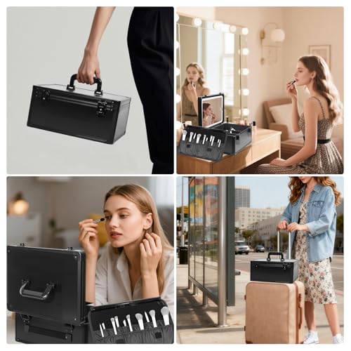 CHENGLIN Makeup Case with Lighted Mirror ? Waterproof Travel Train Case, Cosmetic Organizer with Adjustable Dividers, Magnetic LED Mirror, Portable Makeup Suitcase for Women, Black