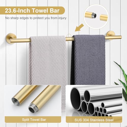 TQKAG Brushed Gold 10-Pieces Bath Hardware Set – SUS304 Stainless Towel Bar 23.6in, Rings, Hooks & Holders