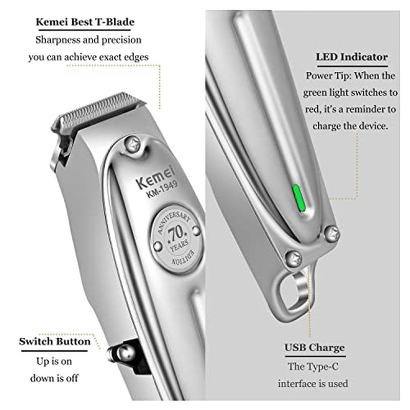 KEMEI Professional Beard and Hair Trimmer for Men, Cordless T-Blade Trimmers, Electric Hair Clippers for Barbers and Stylists, All Body Grooming Model 1949