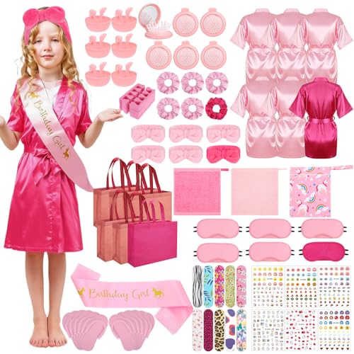 Girls Spa Party Supplies Kit 6-Piece Set with Satin Robes & Accessories - Hot Pink & Pink Variation