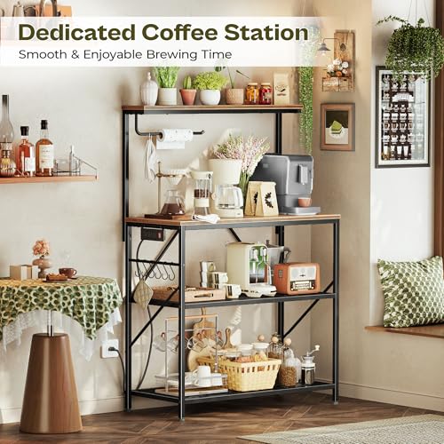 4-Tier Kitchen Storage Rack with Reversible Power Outlet - Rustic Brown, 31.5 Inch Microwave Stand & Coffee Bar