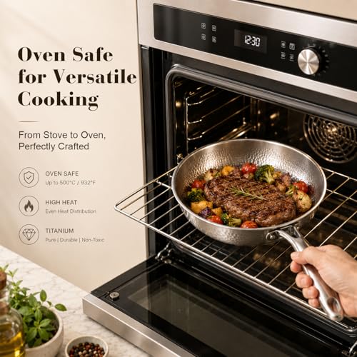 12-In Titanium Frying Pan with Lid - Hammered Alloy Skillet, Non-Stick, Oven Safe