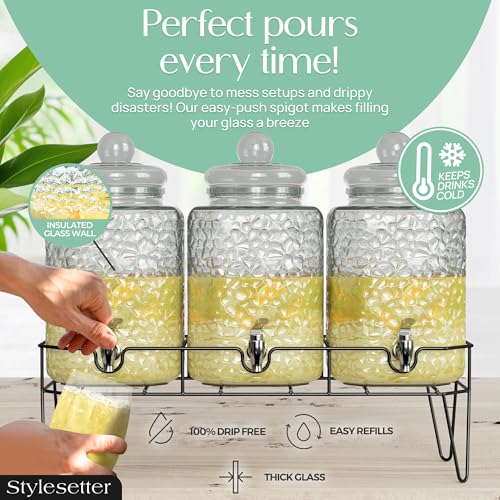 Style Setter Premium 1.5 Gal Glass Dispenser Set of 3 with Stand - Triple Beverage Stations