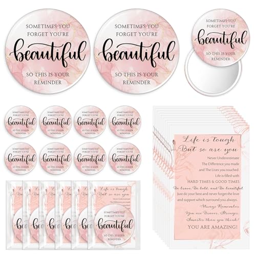 50 Pcs Inspirational Mini Compact Mirror Bulk for Women Christmas Pink Pocket Gifts Portable Round Purse Mirrors Thank You Reminder Gift for Coworker Employee Staff Nurse