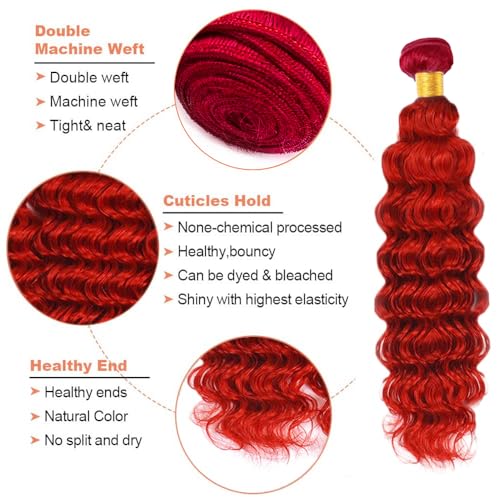 Red Deep Wave Human Hair Extensions 20 22 24 Inch 3 Bundles Virgin Brazilian Weave
