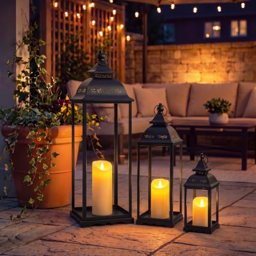 Kittmip 3 Pack Large Black Outdoor Lanterns with Flameless LED Candles - Farmhouse Decor for Porch Patio Fireplace