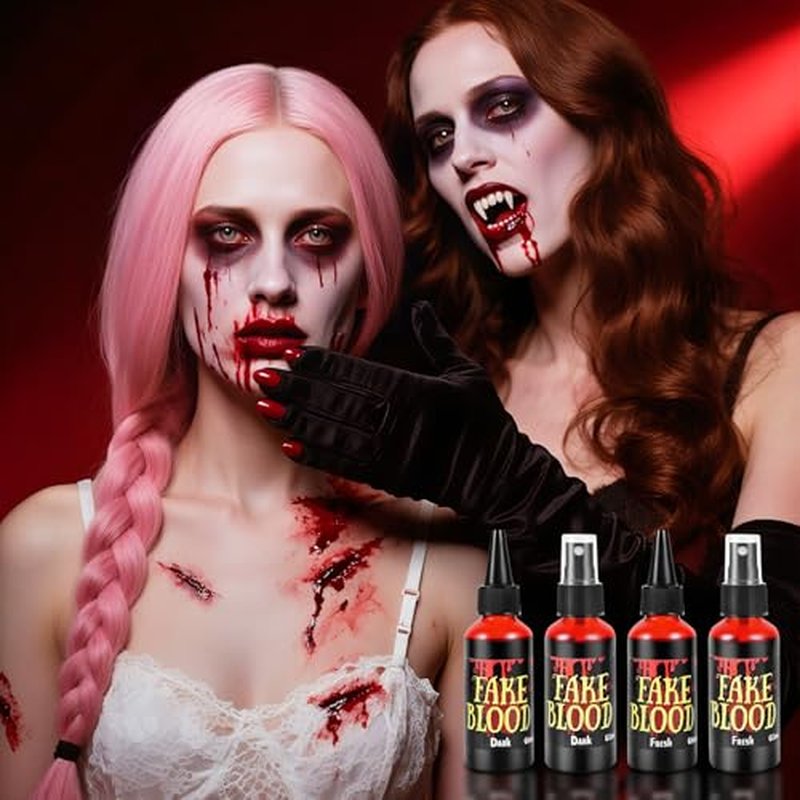 7 PCS Halloween Fake Blood Spray Makeup Kit - Fake Blood 2.1oz X4 + Coagulated Blood Gel 1.41oz + Soap + Sponge, Washable Blood Paint for Clothes SFX Makeup Vampire Accessories, Dark & Fresh