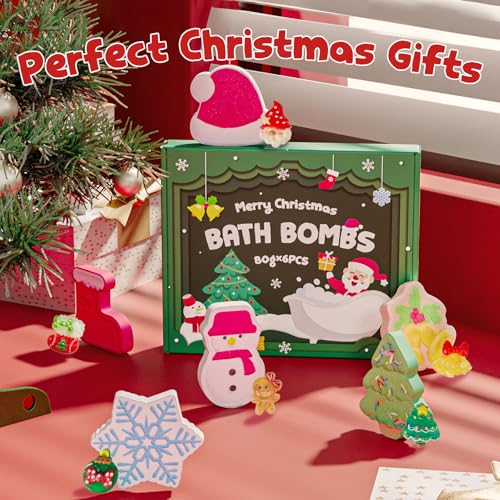Christmas Bath Bombs Set with Surprises - 6 Handmade Scented Gifts for Women & Kids