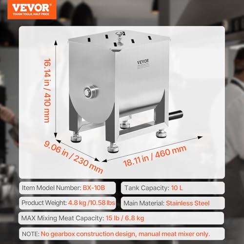 VEVOR 10L Manual Meat Mixer with Lid Handle, Heavy Duty Stainless Steel for Sausage & Ground Beef - Variation