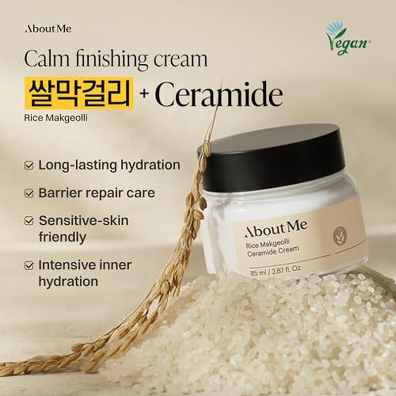 About Me Rice Makgeolli 6 Ceramide Cream ? Fermented Rice Face Moisturizer for Dry Sensitive Skin, Rich Mochi Texture with Shea Butter & Galactomyces, Vegan Fragrance-Free 2.87 oz (85ml)