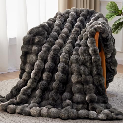 Anysay Faux Fur Throw Blanket - Grey Queen 80x90 Inches Fluffy Bubble Design