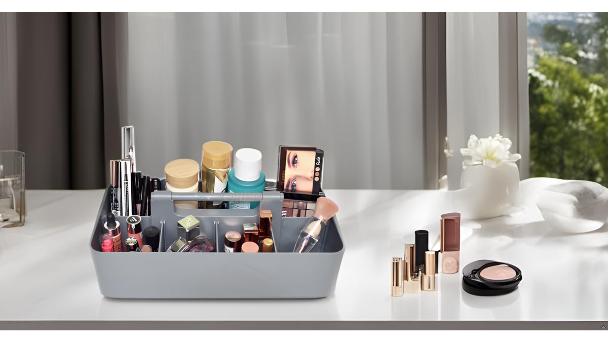 New Plastic Portable Makeup Organizer Caddy Tote Divided Basket Bin with Handle, for Bathroom Storage - Holds Blush Makeup Brushes, Made In USA (Orion Gray)