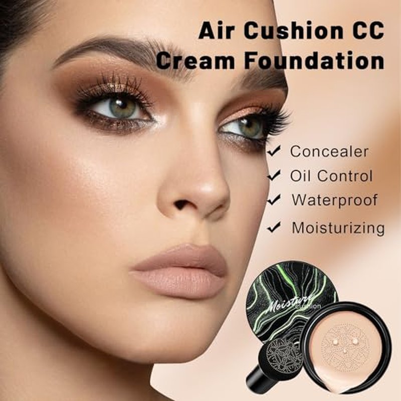 Air Cushion CC Cream Mushroom Head Foundation, Moisturizing BB Cream Concealer, Long-Lasting & Waterproof Makeup Base Primer, Even Skin Tone for All Skin Types (Natural)
