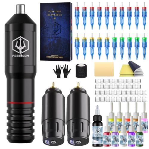POSEIDON Wireless Tattoo Gun Kit with 2 Batteries - Black for Beginners & Artists
