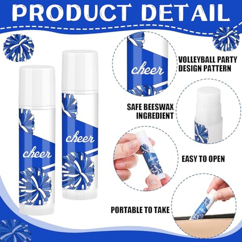 24 Pcs Cheer Lip Balm Bulk Cheer Teams Camp Gifts Pom Pom Leaders Party Favors Gear Lip Balm Valentine's Day Gift for Competitive Party Guest Supplies(Blue and White)