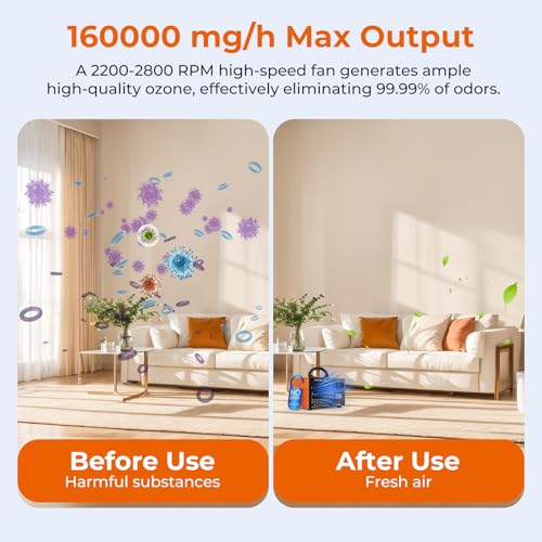 Orange Ozone Generator 160,000mg/h with Temp & Humidity Display - Large Space Air Purifier & Odor Remover