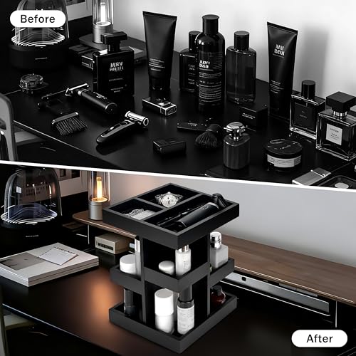 Cologne Organizer for Men, 3-Tier Wood Perfume Stand with Rotating Drawer, Large Capacity Storage for Desk Nightstand (Black)