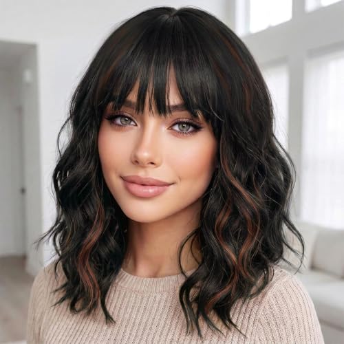 XIXIBI Black Mixed Brown Short Wavy Bob Wig with Bangs for Women