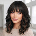 XIXIBI Black Mixed Brown Short Wavy Bob Wig with Bangs for Women