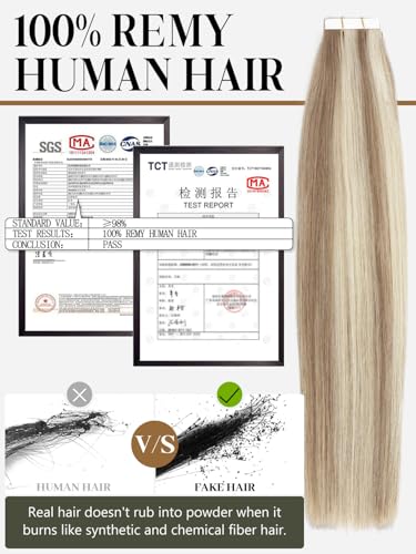 Tape-in Hair Extensions Real Human Hair Blonde Highlights #6 Medium Brown + #60A Platinum Blonde 18 Inch 50g 20pcs