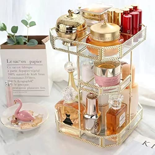 Yamfurvo 360 Degree Rotation Makeup Organizer Antique Countertop Cosmetic Storage Case, Glass Beauty Display, Gold Spin Large Capacity Holder for Brushes Lipsticks Skincare Toner
