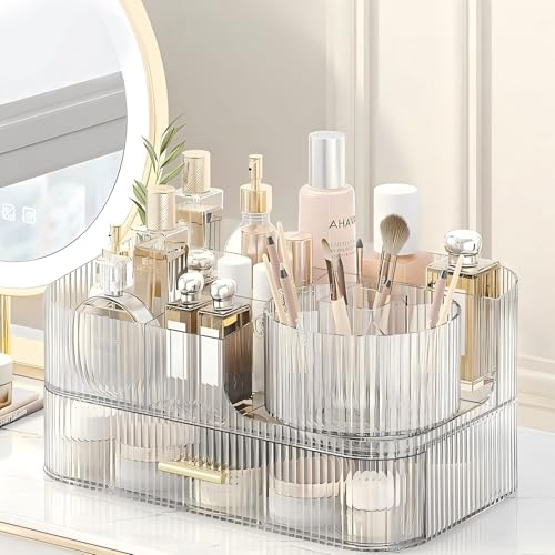 DASITON Makeup Organizer with Drawers and Rotating Makeup Brush Holder,Large Capacity Stackable Cosmetic Organizer Countertop,Bathroom Organizers and Storage,Make up Organizers for Vanity (Clear 02)