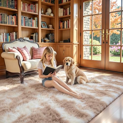 Dark Beige Tie-Dyed 8x10 Area Rug - Plush Shaggy Carpet for Living Room