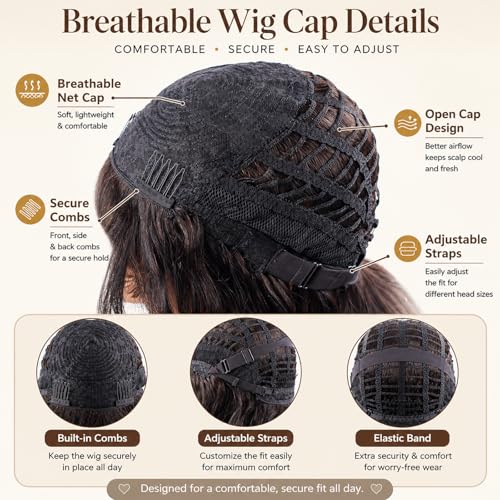 ManeMajesty Wet and Wavy Human Hair Wig with Bangs 16 Inch, 150% Density, Natural Color