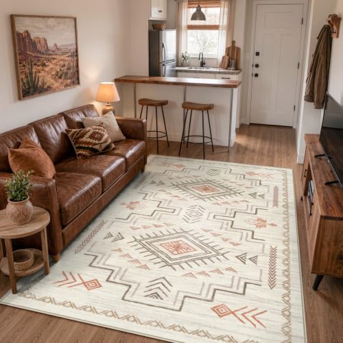 Brown 8x10 Area Rug - Tribal Aztec Moroccan Pattern, Non-Slip & Washable
