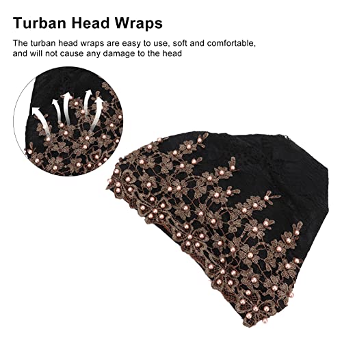 Black Turban Head Wrap for Women, Vintage Embroidered Muslim Style, Pre-Tied Lace & Fleece Hat