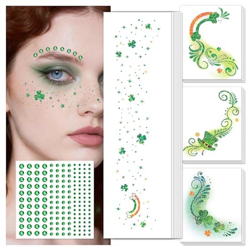 EMOME St Patrick Day Accessories, St Patrick's Day Glitter Shamrock Face Tattoo with Green Face Gems and Faux Freckles, Saint Patrick's Day Makeup Art Decorations Gift for Women