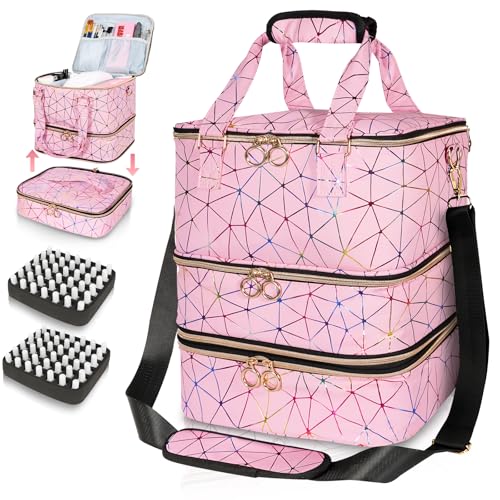 Nail Polish Organizer Bag Holds 84 Bottles & Nail Lamp, 3 Layers Nail Kit Storage Carrying Case Pu Leather, Large Nail Supplies Organizer With Shoulder Strap, Portable Travel Nail Bag,Pink